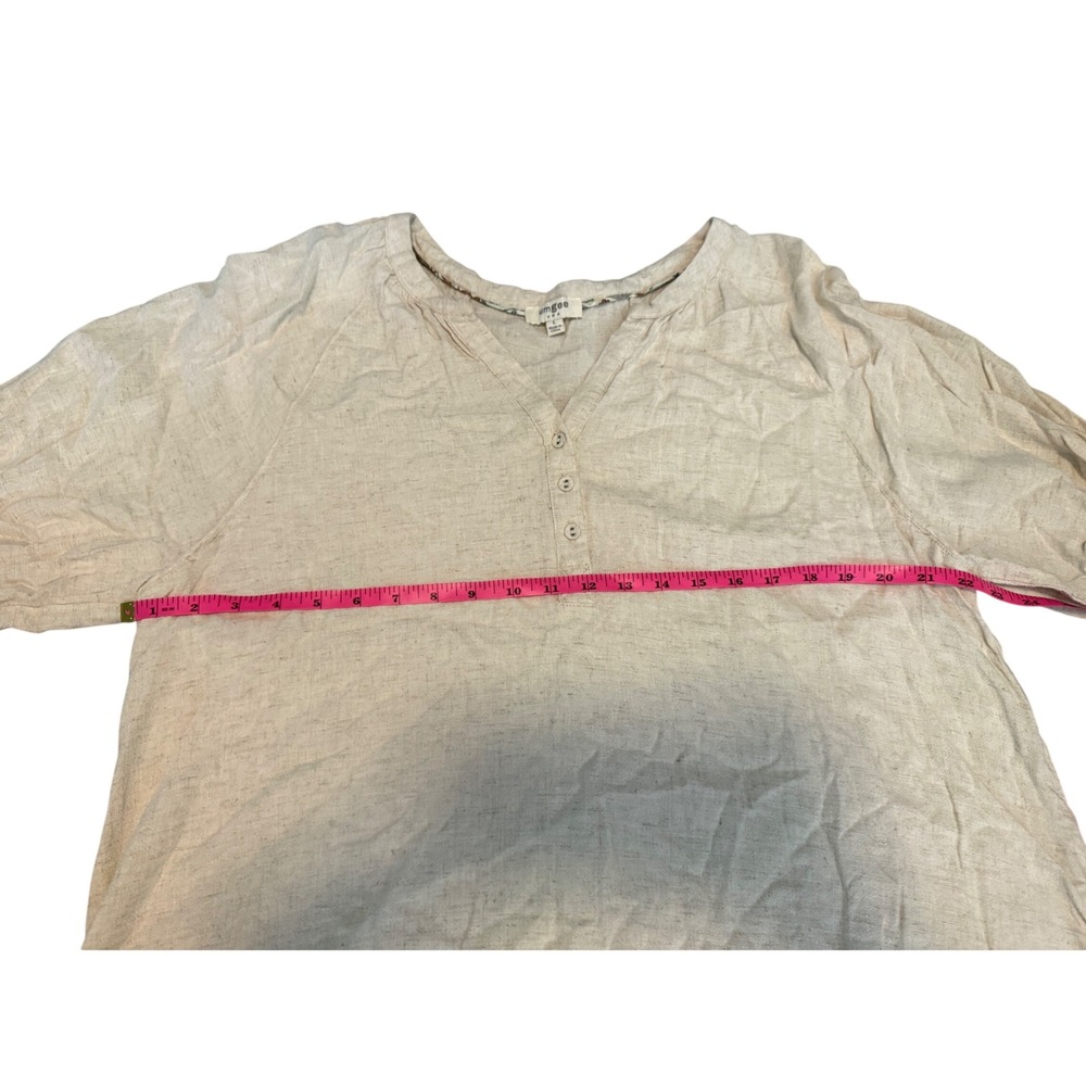 Umgee Linen Blend Henley Blouse Beige Boho Frayed Fringe Hem Smocked Sleeve L - Picture 4 of 7